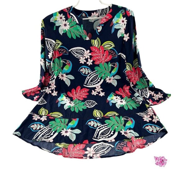crown & ivy Women's Swing Dress size PS Petite Small Bell Sleeves Floral Parrots - Picture 1 of 5